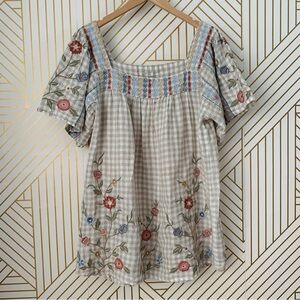 Karyn Seo X Athleta 100% Linen Georgia Blouse Embroidered Gingham Lagenlook L